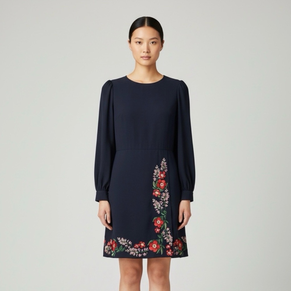 Ted Baker Navy Long Sleeved Dress with Floral Embroidery, Size 10 - Picture 3 of 14